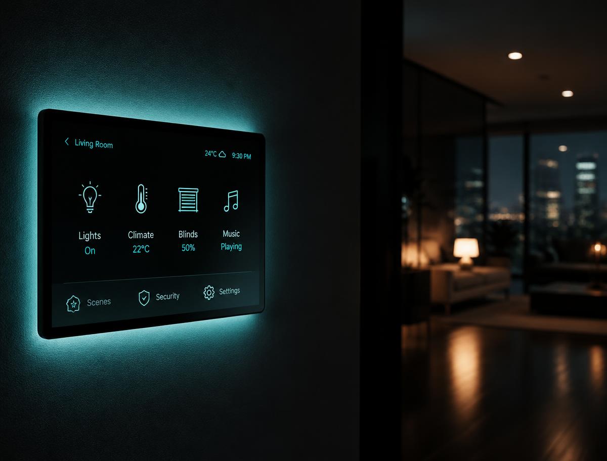 Smart-Home-Bedienpanel in einem dunklen Innenraum